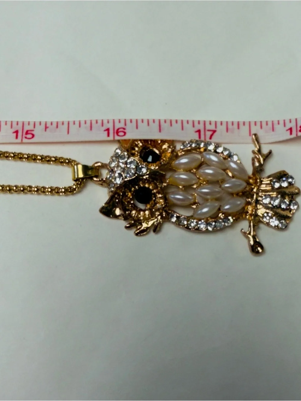 Gold-Tone Owl Pendant Necklace with Faux Pearls and Rhinestones NEW